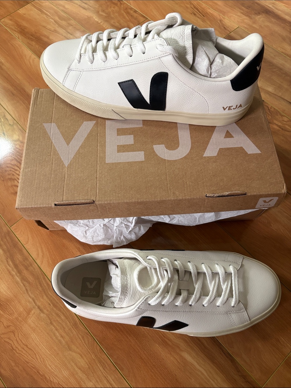 Veja Campo White Leather Sneakers with Black V Accents. Never worn. Size 11.5 D
